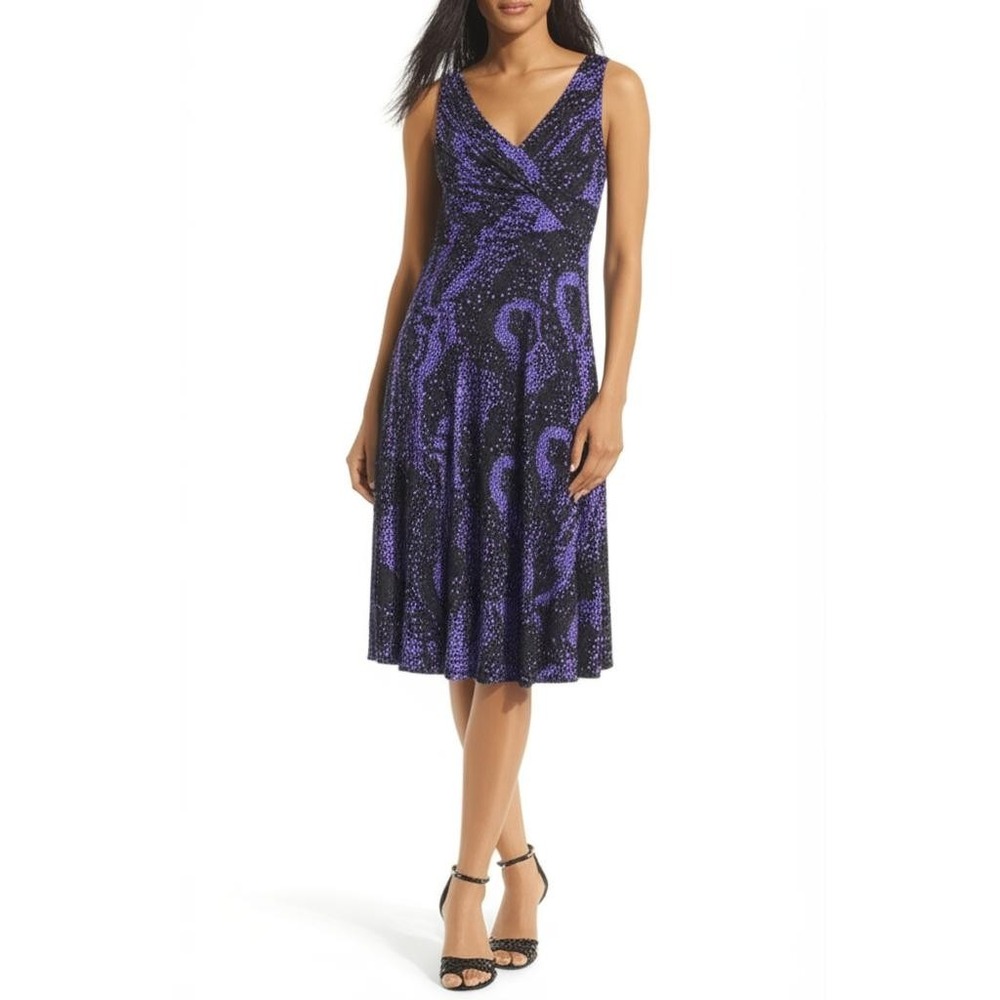 Jones Wear Dress Womens 12 Purple Black Sleeveless Faux Wrap V-Neck A-Line‎